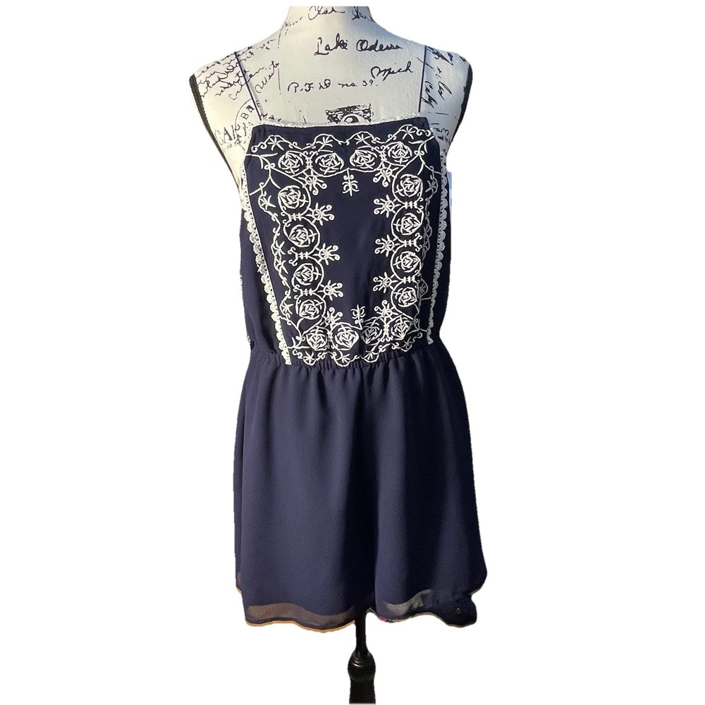 Miss Selfridge Navy Embroidered‎ Romper Petite Women's Size 10 Boho Festival